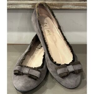 FS/NY French Sole Ballet Flats Taupe Gray Suede Brown Fur Trim Bow Womens Sz 7.5